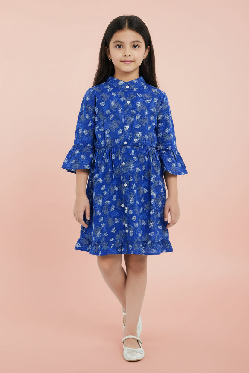 Girls' Floral Long Sleeve Flare Dress – Ruffle Cuff Cotton Party Dress (2-12 Years) | MH