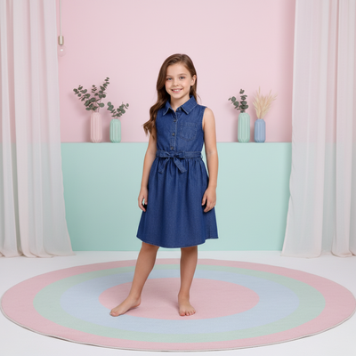 Girls Sleeveless Blue Denim Shirt Dress with Waist Tie Belt & Front Pocket – Casual Summer Outfit (2–12 Years)