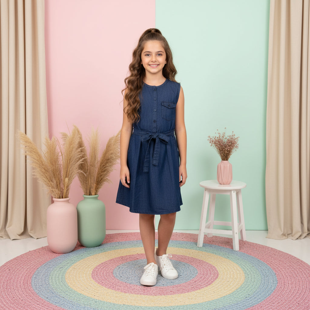 Girls Sleeveless Blue Denim Shirt Dress with Waist Tie Belt & Front Pocket – Casual Summer Outfit (2–12 Years)