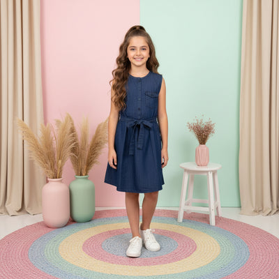 Girls Sleeveless Blue Denim Shirt Dress with Waist Tie Belt & Front Pocket – Casual Summer Outfit (2–12 Years)
