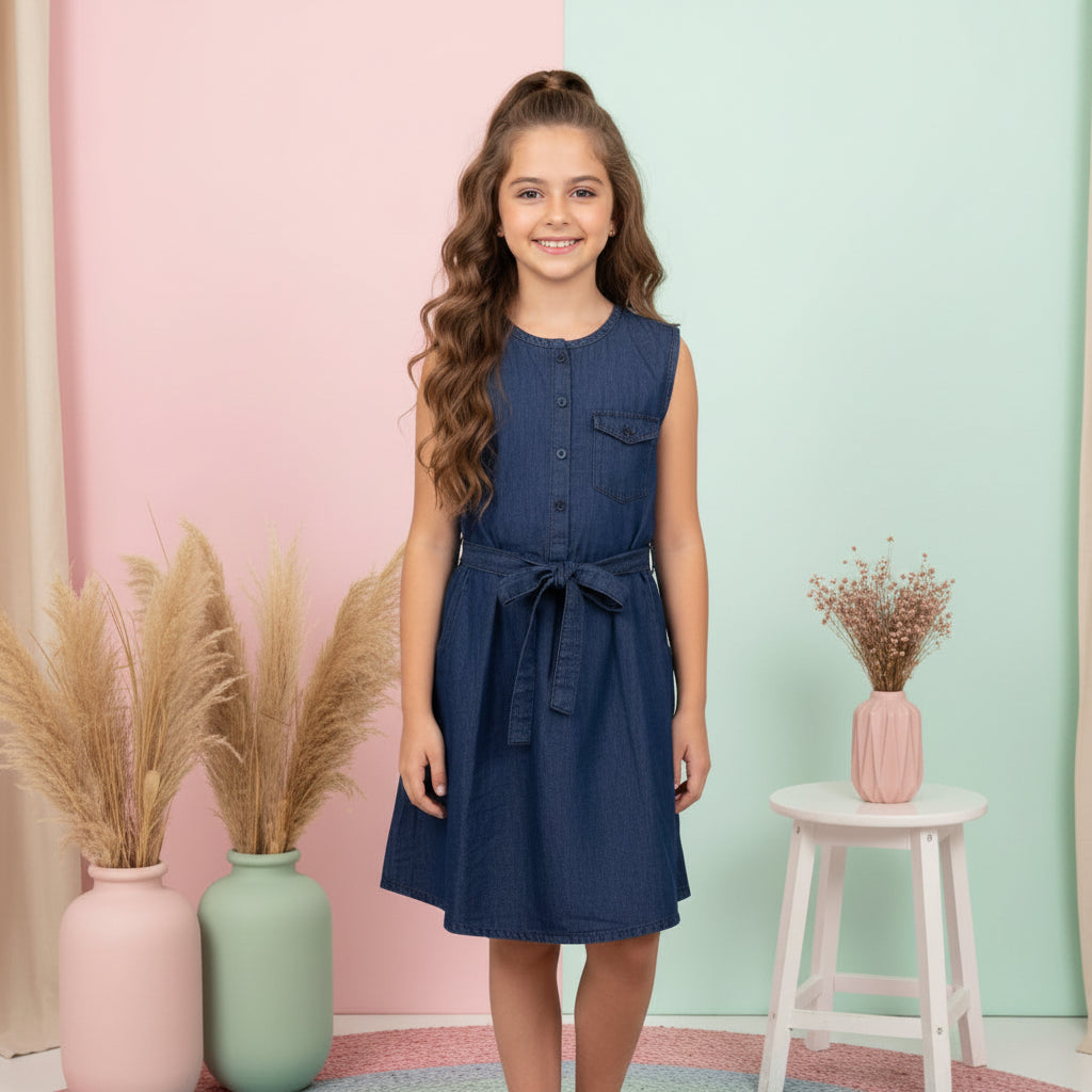 Girls Sleeveless Blue Denim Shirt Dress with Waist Tie Belt & Front Pocket – Casual Summer Outfit (2–12 Years)
