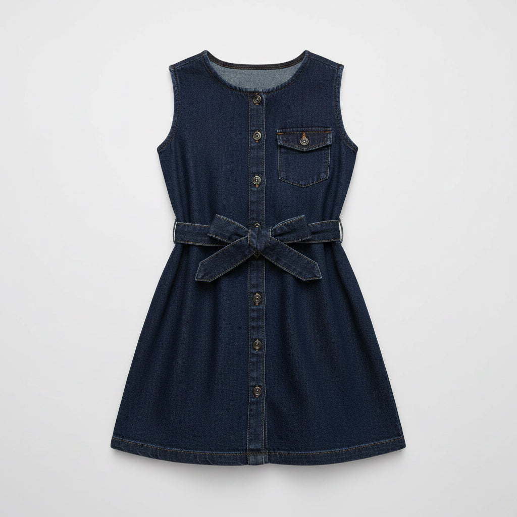Girls Sleeveless Blue Denim Shirt Dress with Waist Tie Belt & Front Pocket – Casual Summer Outfit (2–12 Years)