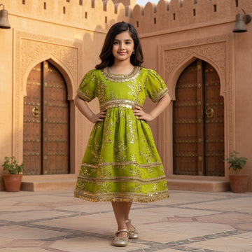 Girls Dress Omani Lime Green Floral Embroidered-Sequined Heritage Wear | (Age 2 Years) | MH