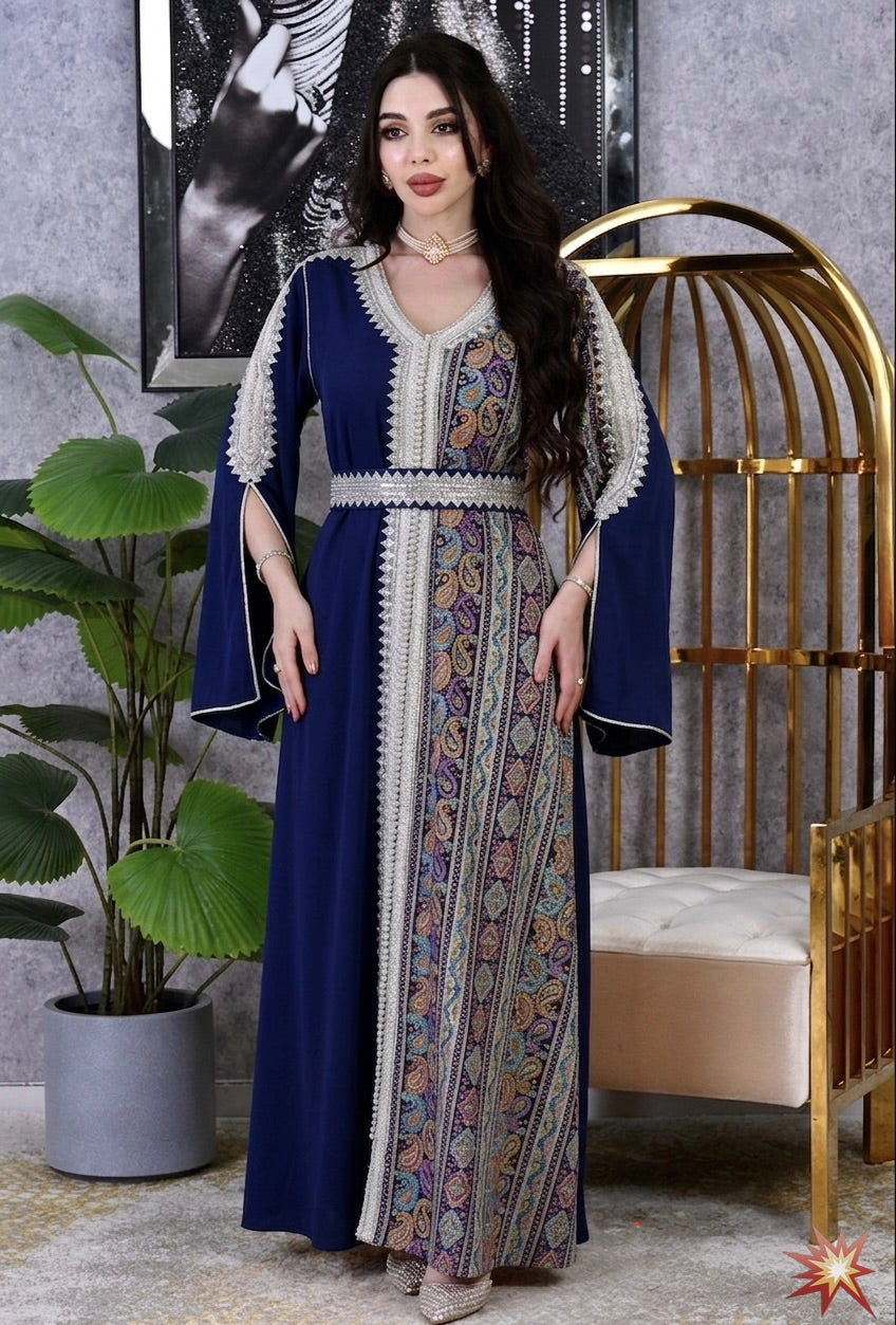 Panel Embroidered Dubai Kaftan with Waist Belt | Eid Occasion Wear Elite Women's Artisan  Luxury Hand-Stitched Occasion Gown |3 colors-| Sizes S-XL | MH