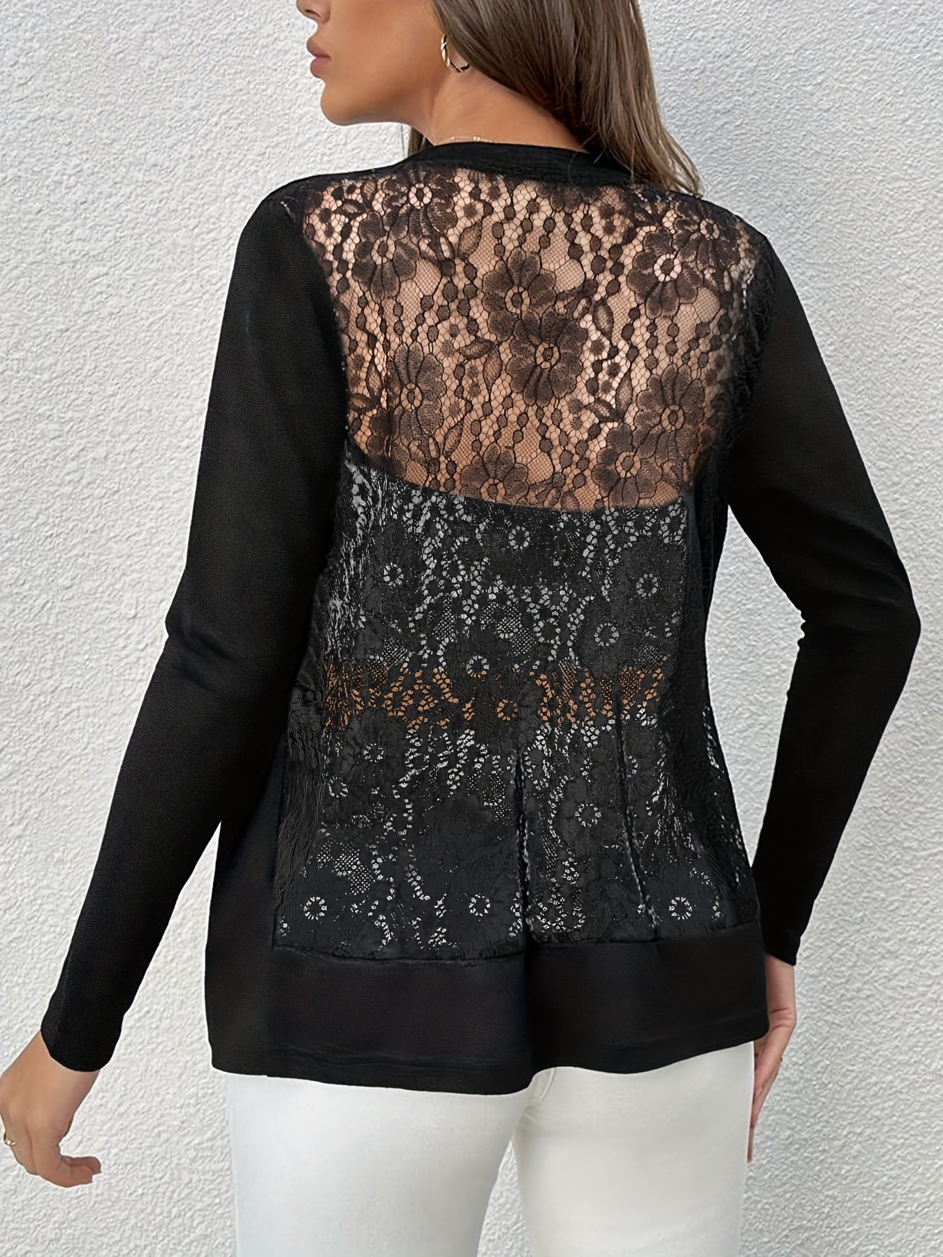 Contrast Lace Open Front Blazer, Elegant Solid Long Sleeve .