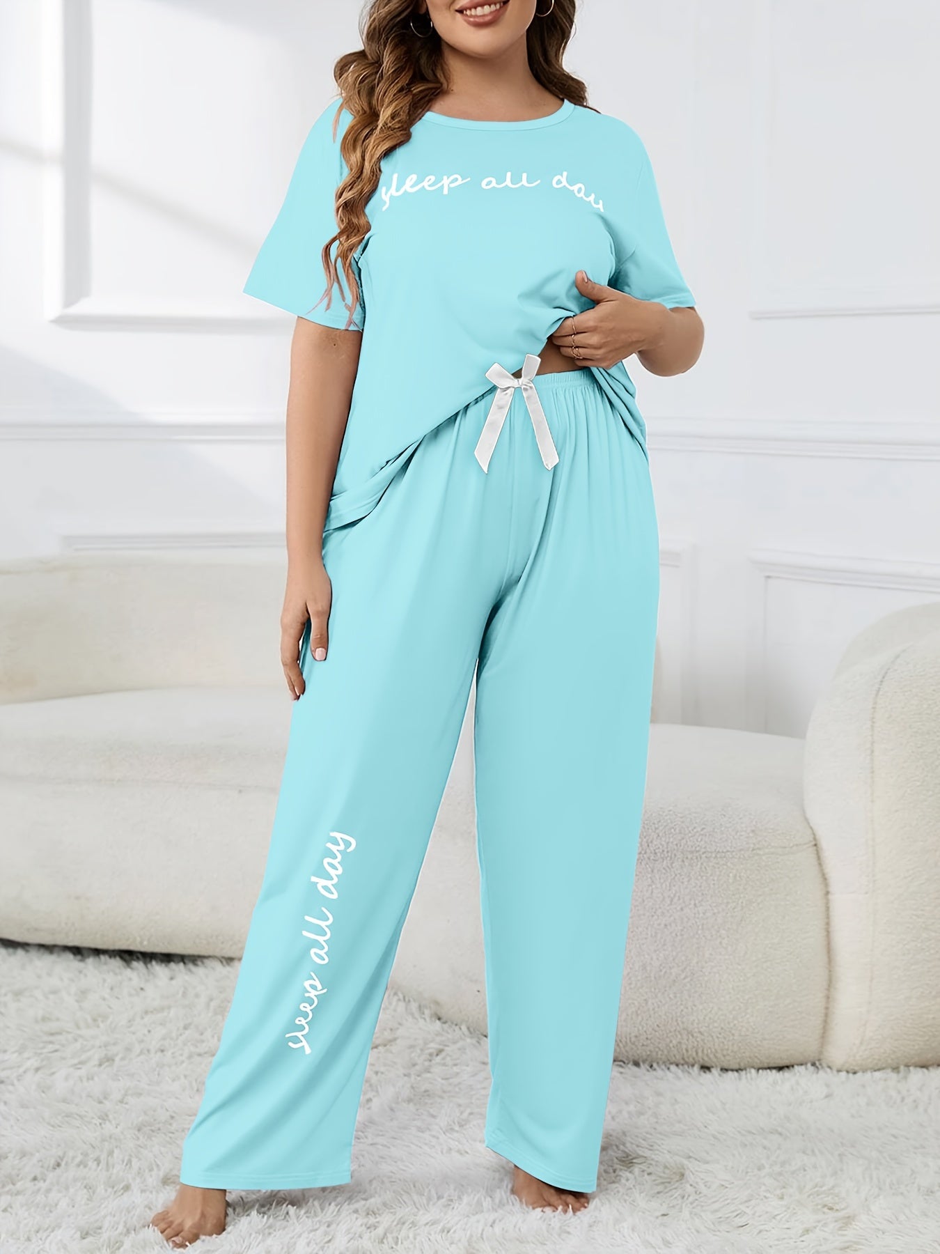 Plus Size Women's Cute Pajama Set, Plus Size Letter Print Short Sleeve Top and Pants Casual 2pcs, Plus Size Pajama Sets