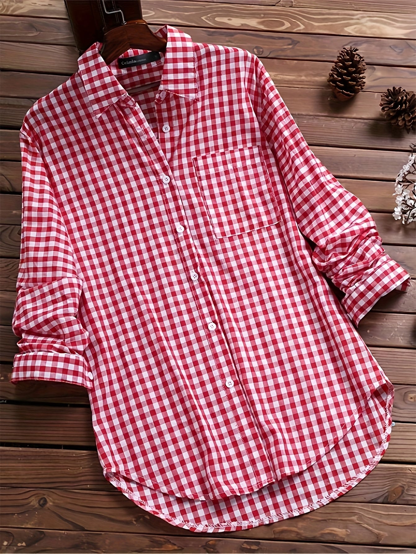 Women'S Casual Long Sleeve Gingham Check Shirt - Light Blue & White,