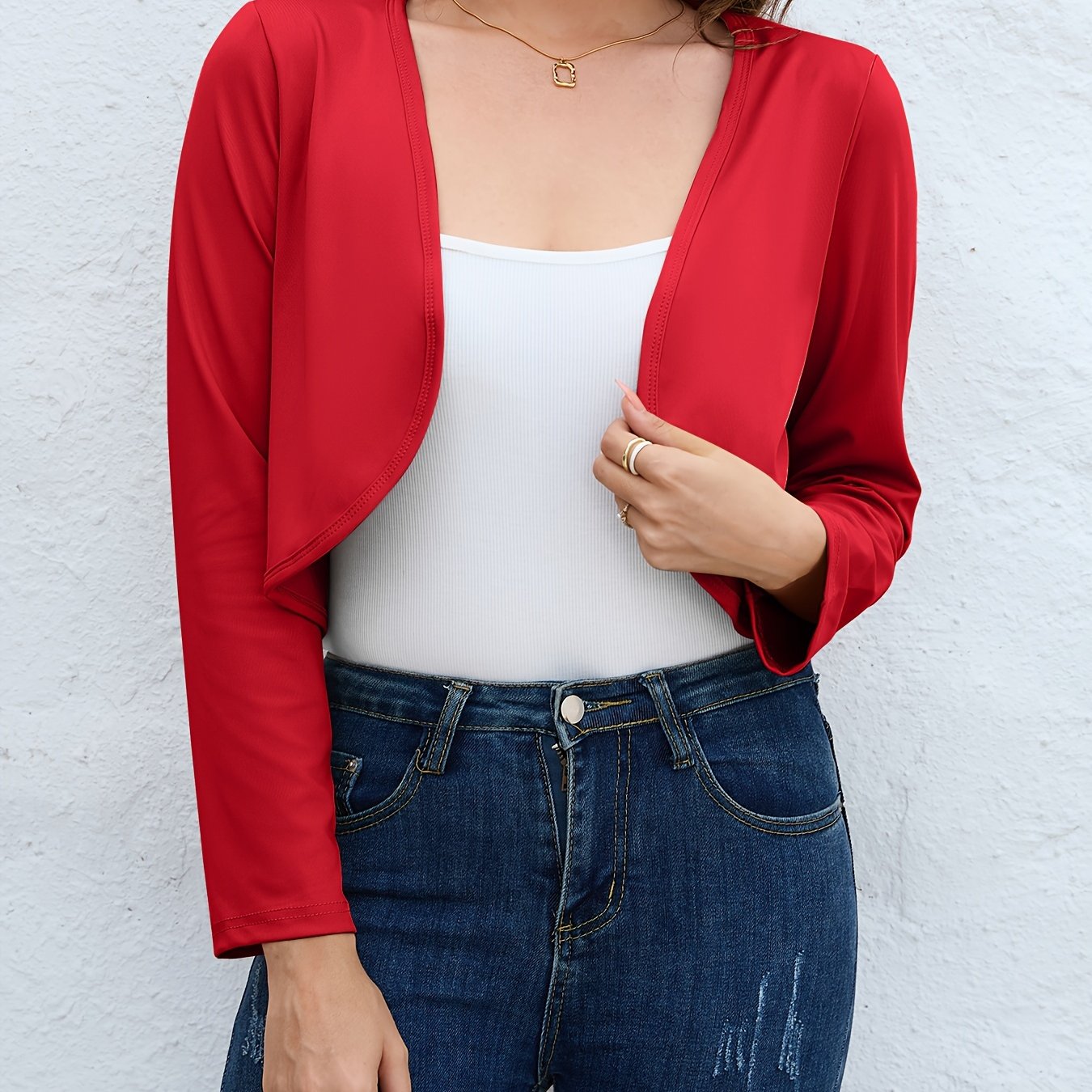 Solid Open Front Blazer, Casual Long Sleeve Crop Blazer For Work,