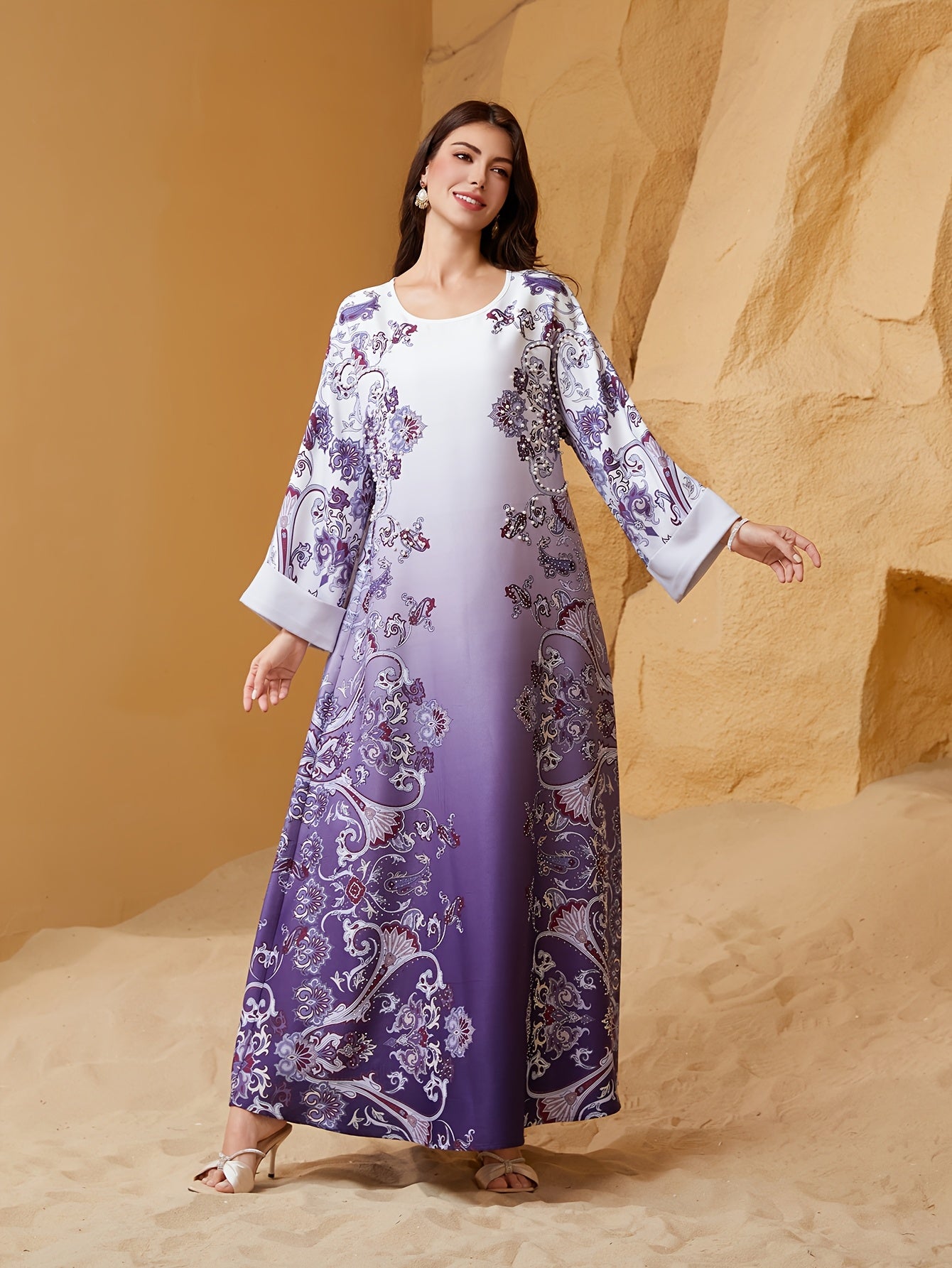 Elegant Purple Floral Print Abaya Dress for Women -/MH