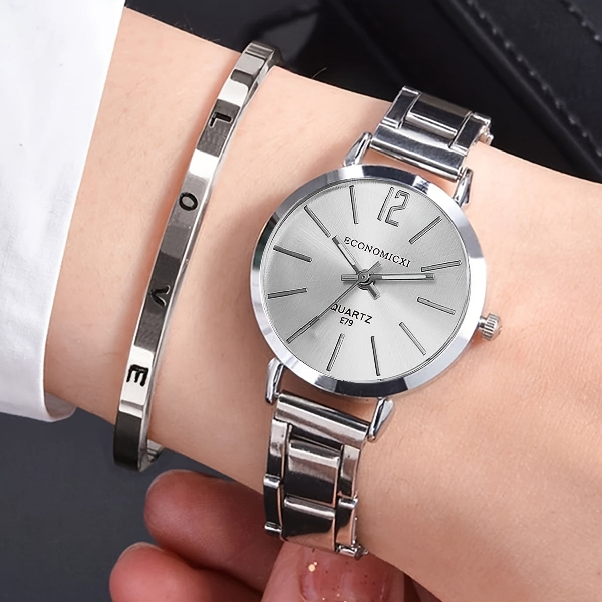 1pc/2pcs/set Women's Watch Hiphop Golden Fashion Quartz Watch & Love Bangle, Valentines Gift For Her