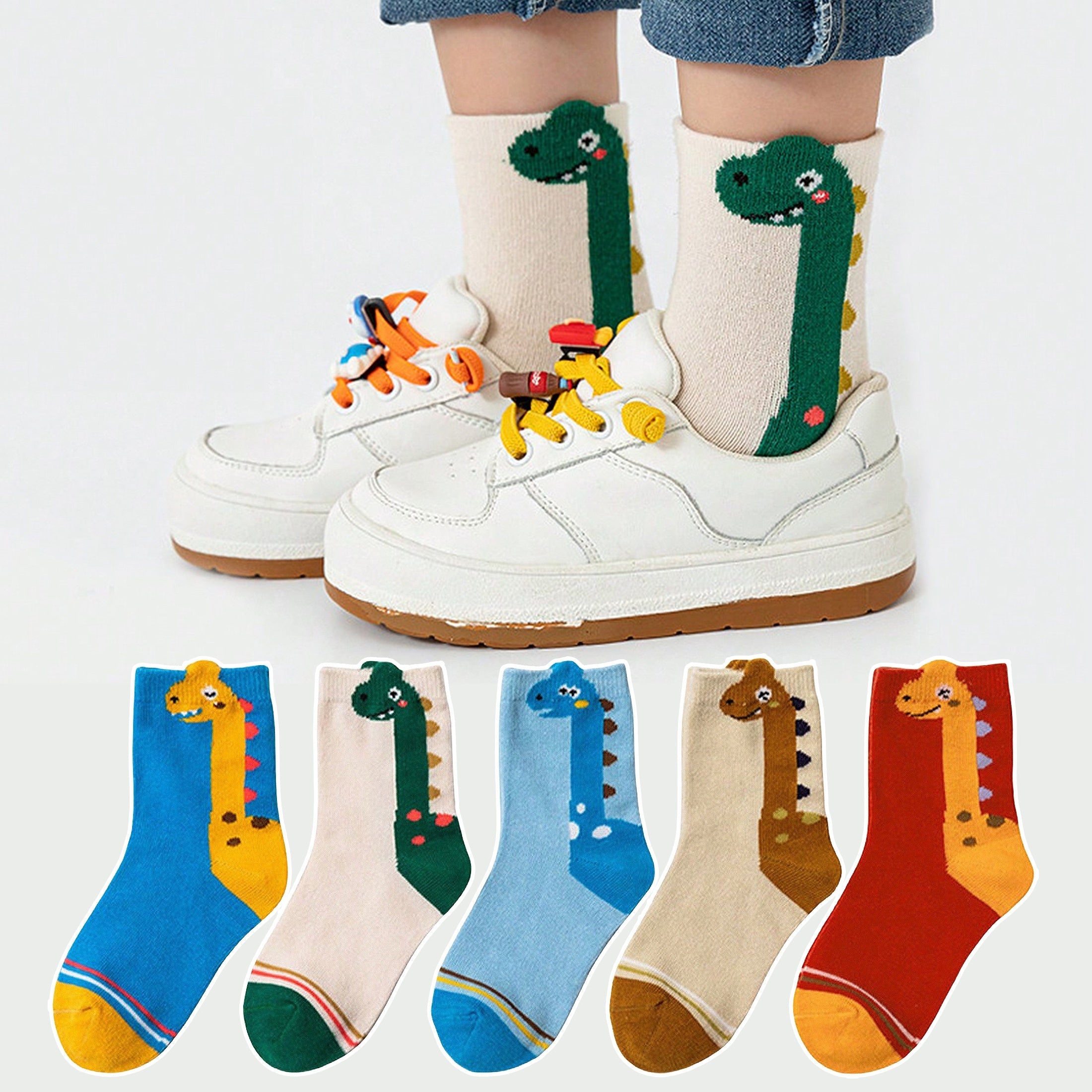 Cartoon Green Dino Pattern 5 Pairs Boy's Short Crew Socks,/MH