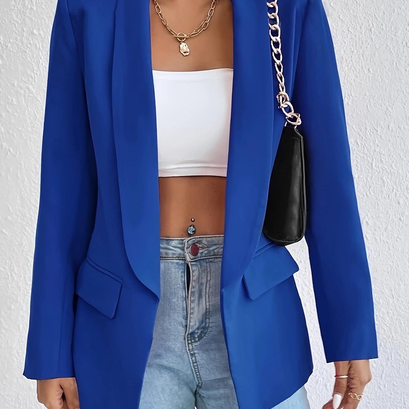 Solid Color Open Front Blazer, Casual Lapel Long Sleeve Blazer.