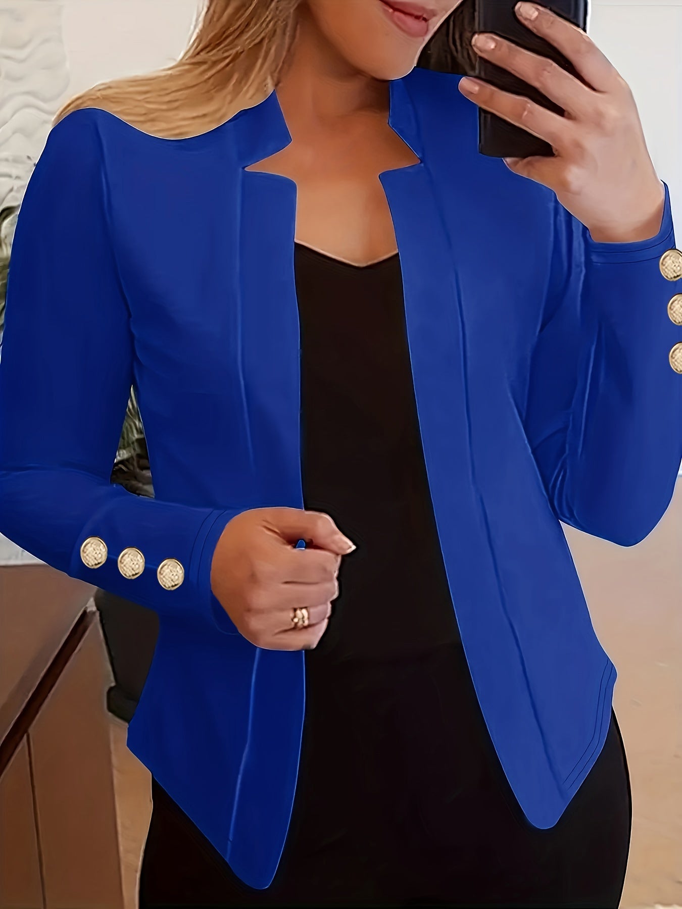 Solid Open Front Button Decor Blazer, Elegant Long Sleeve Blazer.