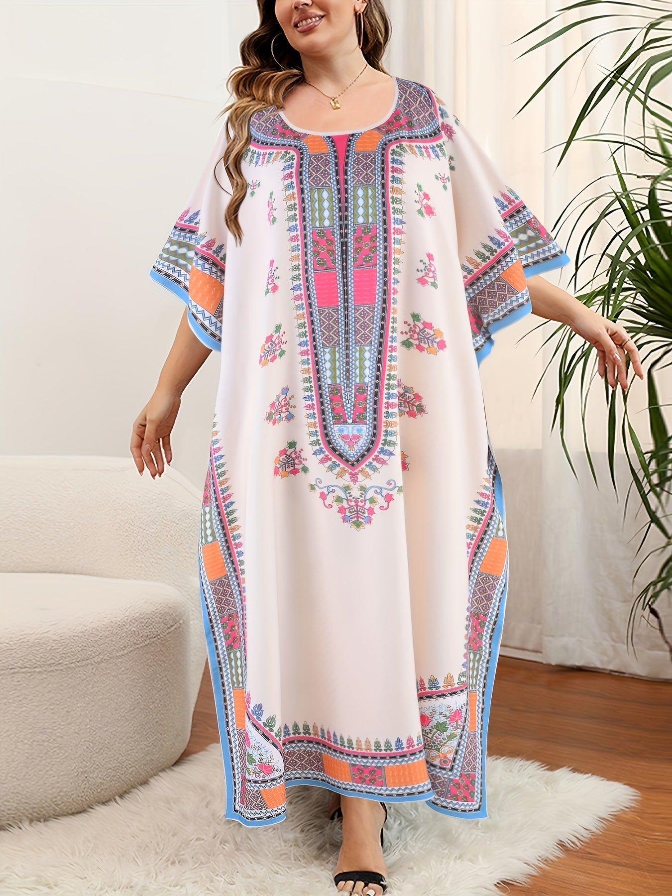 [Tribal Print, Plus Size Abaya] Elegant Plus Size Kaftan Abaya Dress -/MH