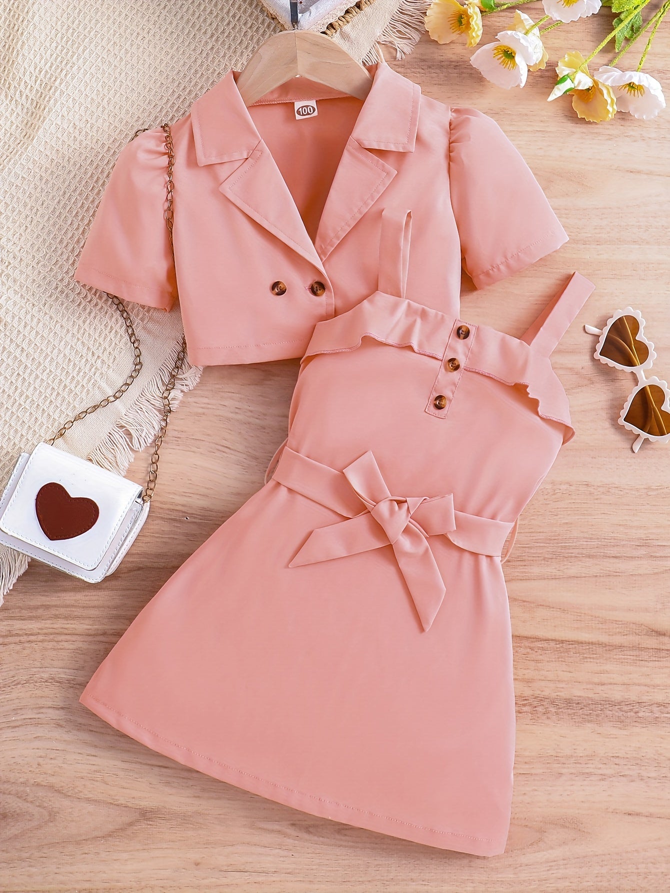 2pcs Girls Fashion Solid Non Stretch Puff Sleeve Double Button Blazer.