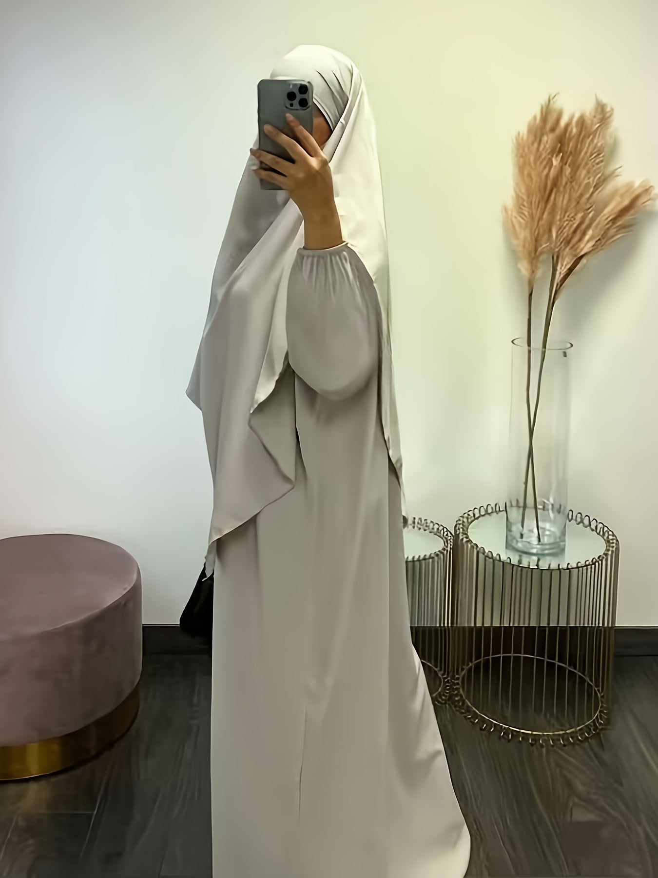 Solid Color Simple Modest Dress, Elegant Long Sleeve Maxi Dress With Hijab, /MH
