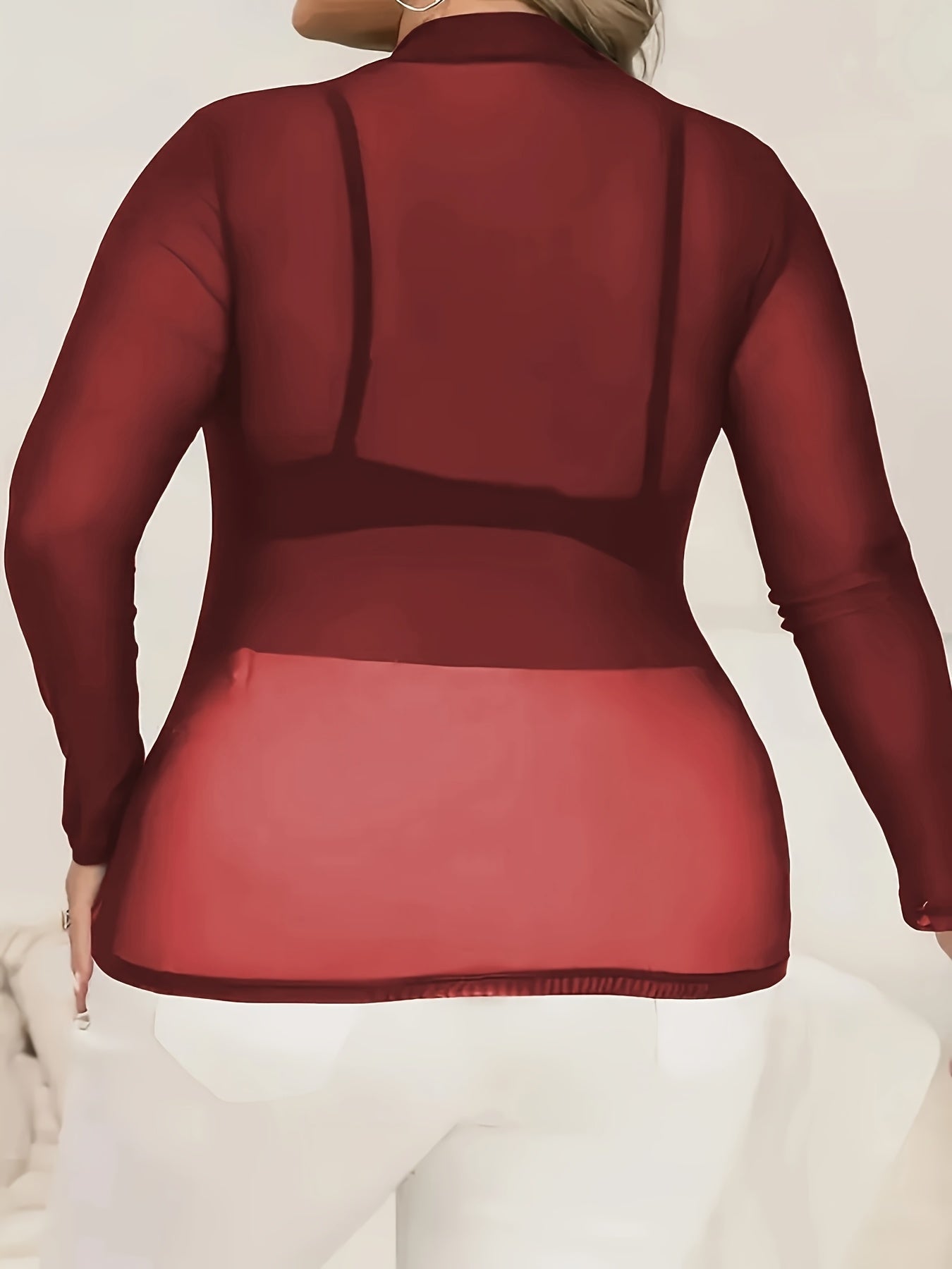 Elegant Plus Size Women's Sheer Mesh Long Sleeve ,/MH