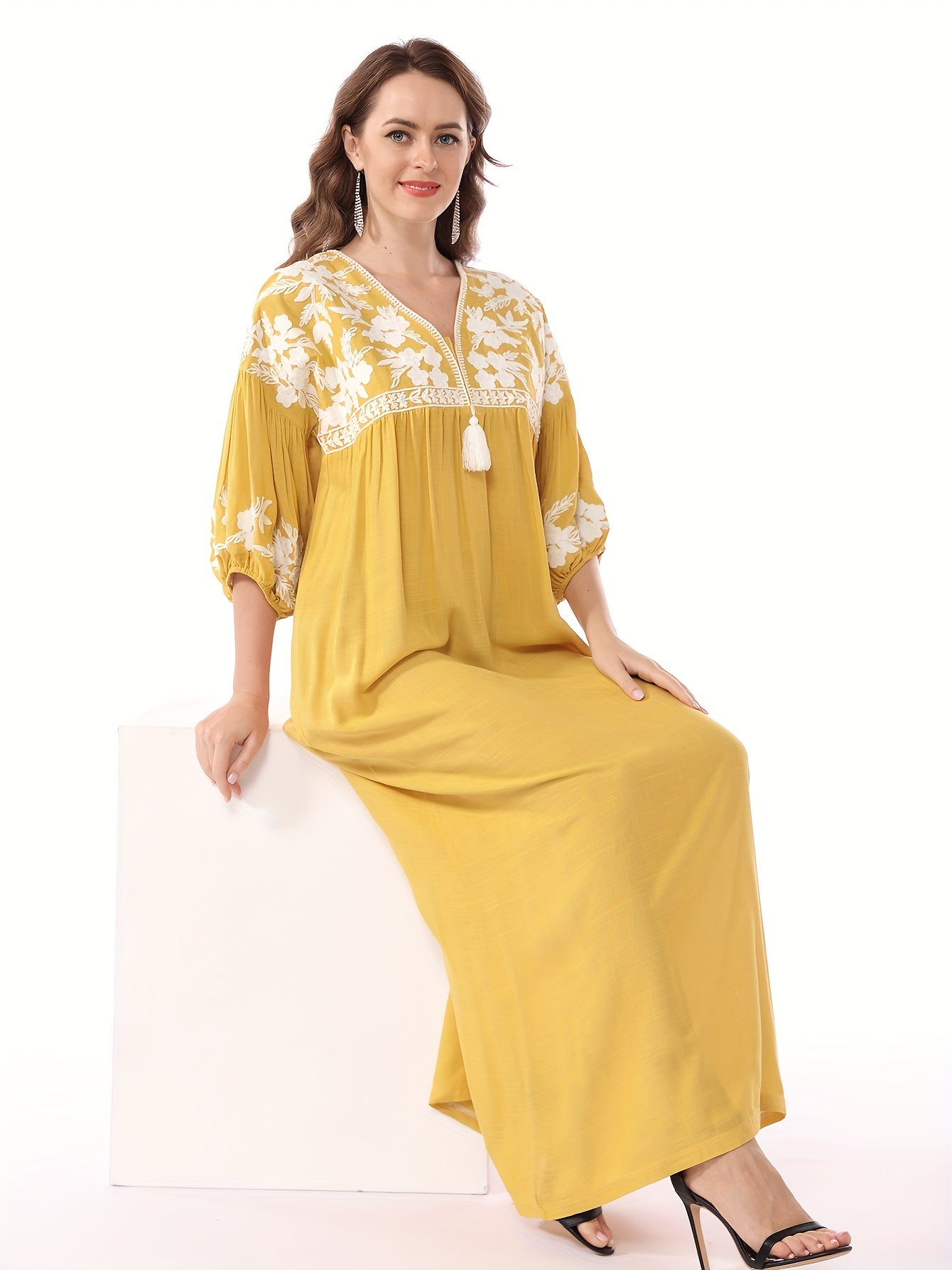 Themed Green Dress with White Floral Embroidery - ./MH
