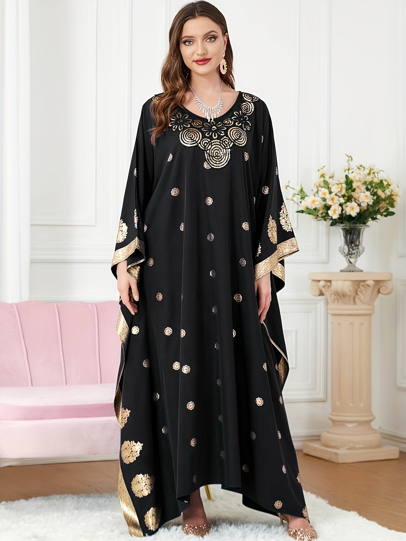 Graphic Print Batwing Sleeve Kaftan Dress, /MH
