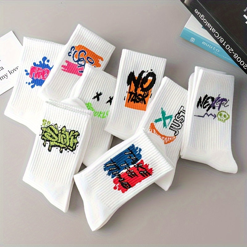 10 Pairs Graffiti Print Socks, Street Style Soft Unisex Mid Tube Socks./MH