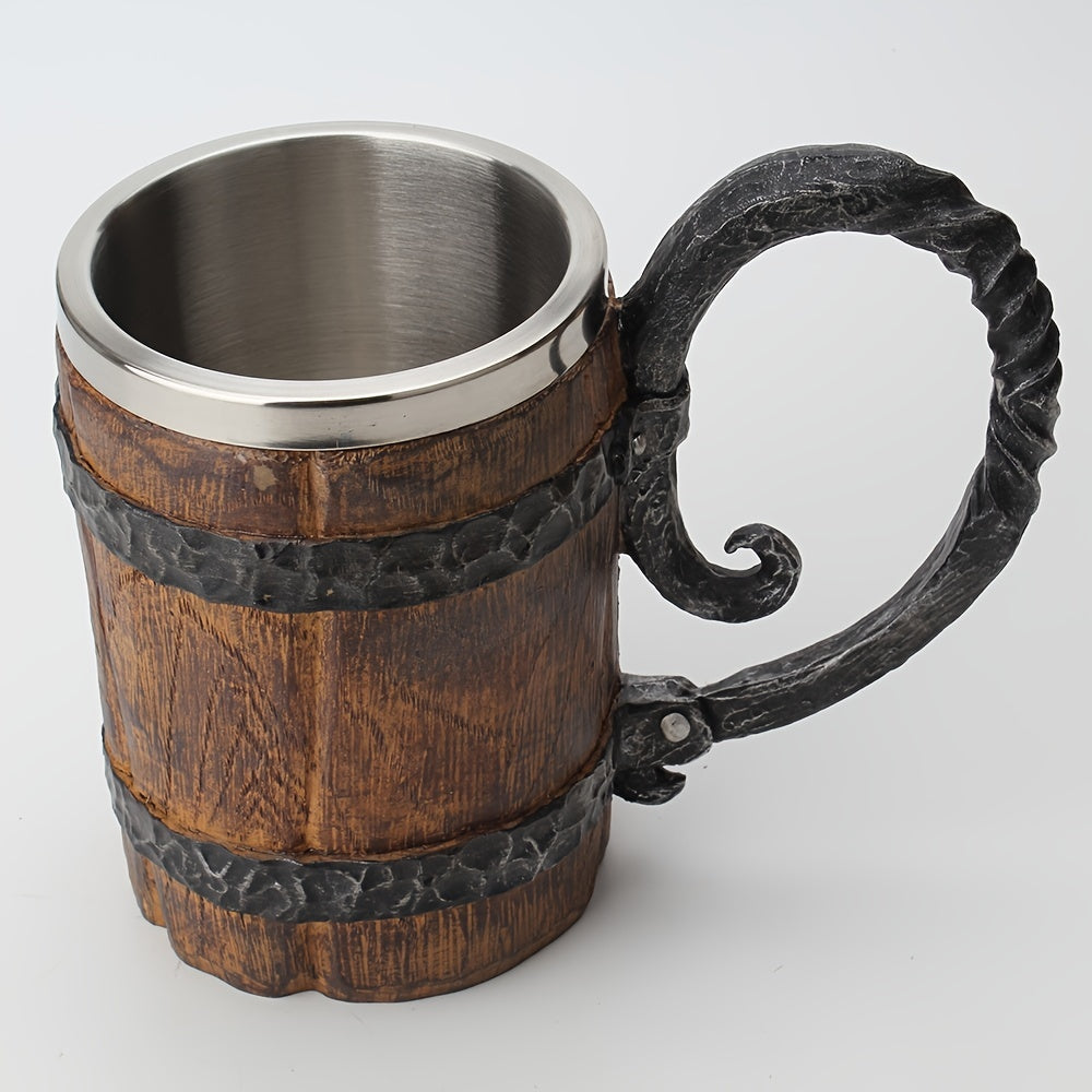 1pc Antique Viking Beer Mug - Wooden Barrel Cup with Stainless Steel Liner - Perfect Gift for Beer Lovers