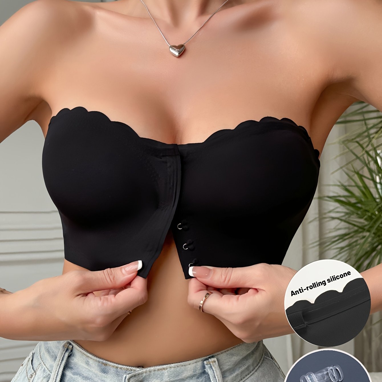 Solid Seamless Strapless Front Closure Wireless Strapless Bra,/MH