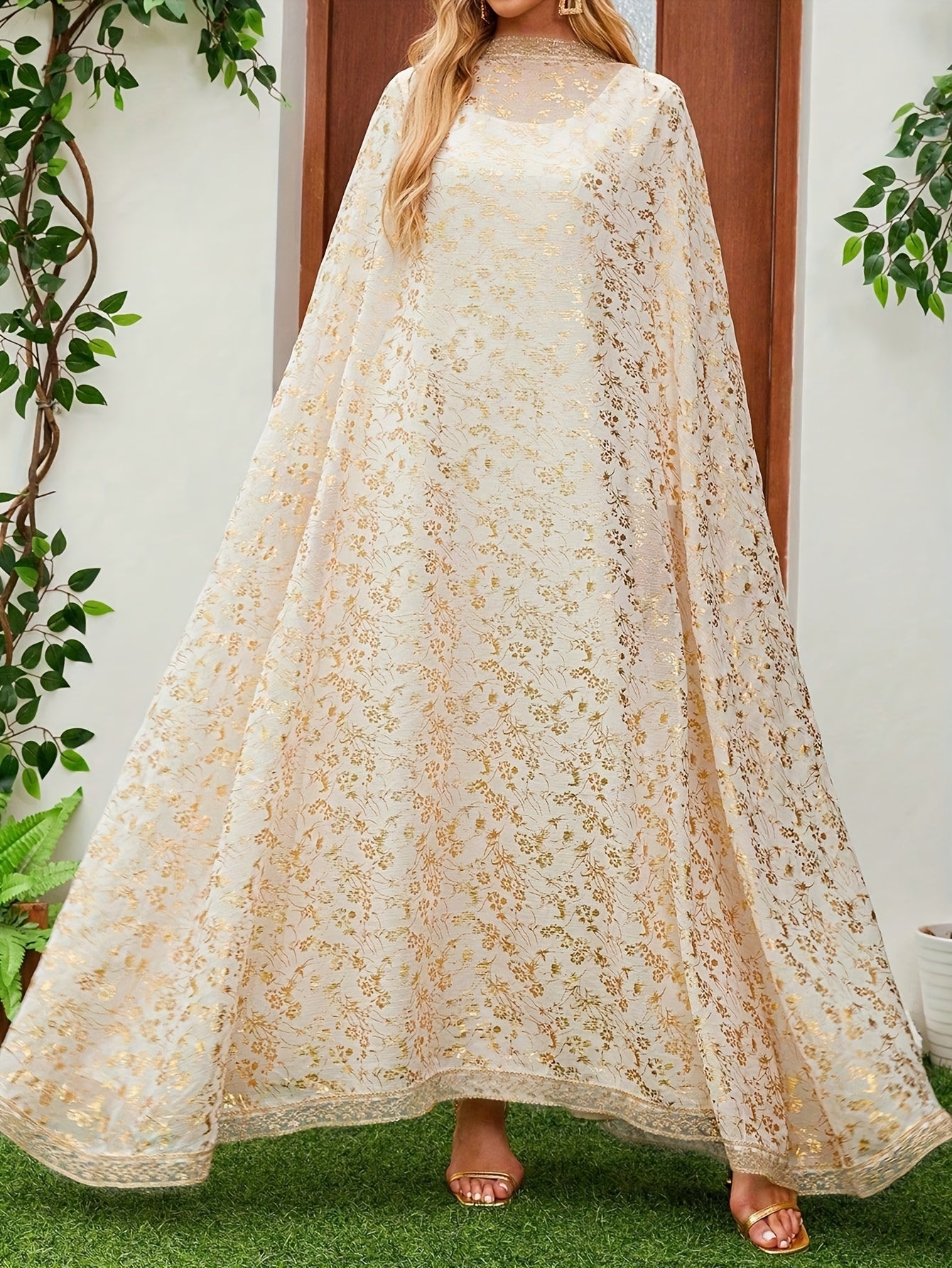 Women'S Floral Pattern Two-Piece Set with Shawl, Elegant Long Sleeve Abaya Dress .MH