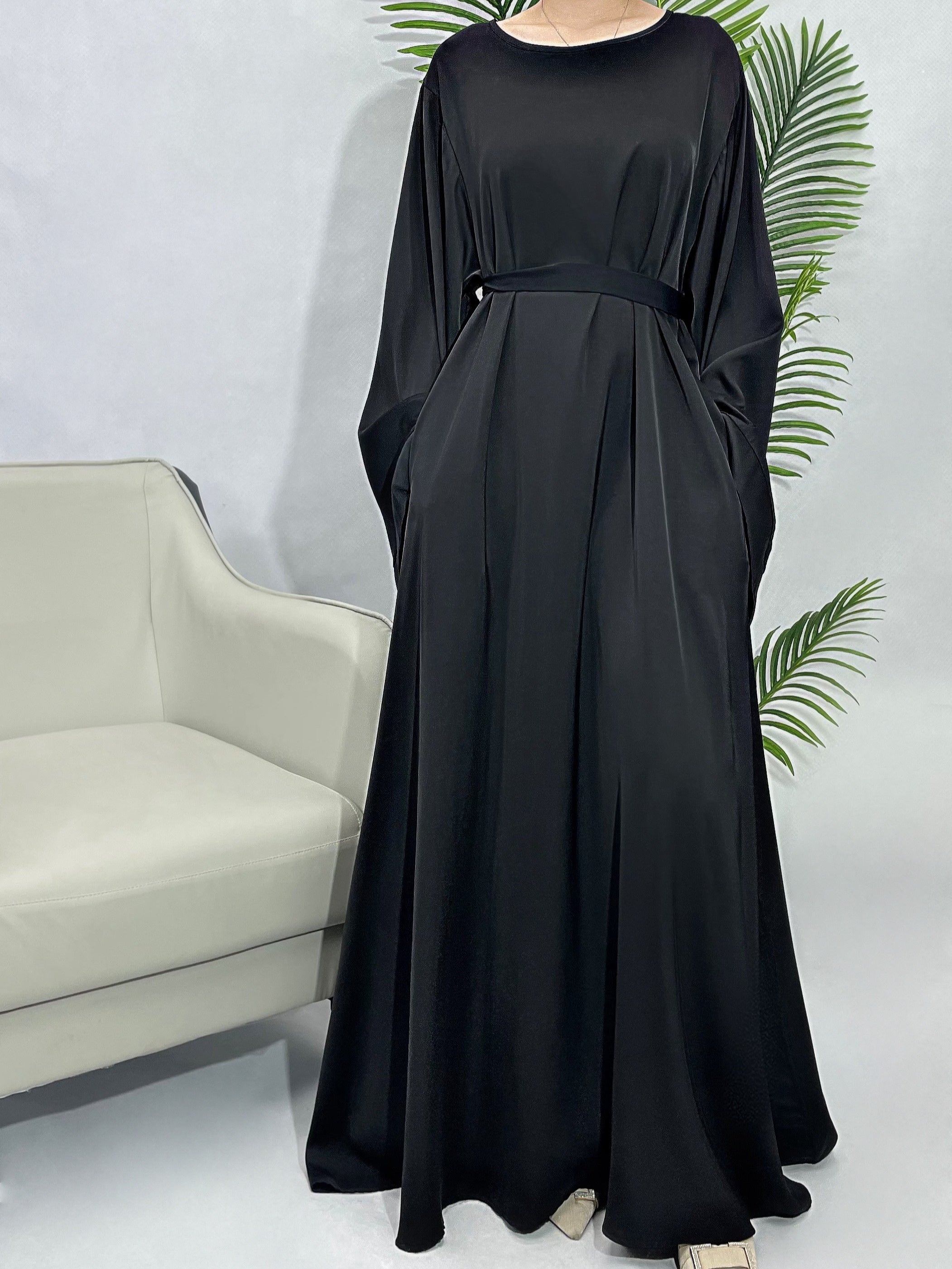 Solid Maxi Kaftan Abaya, Modest Crew Neck Long Sleeve ./MH
