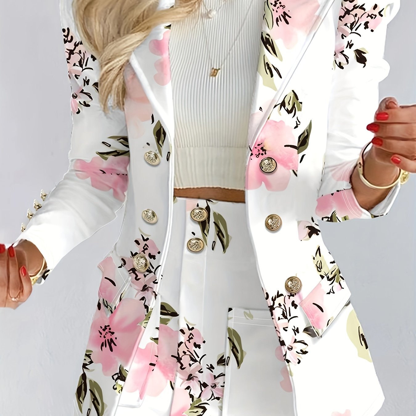 Two-Piece Floral Print Suit Set - Elegant Double Breasted Blazer.
