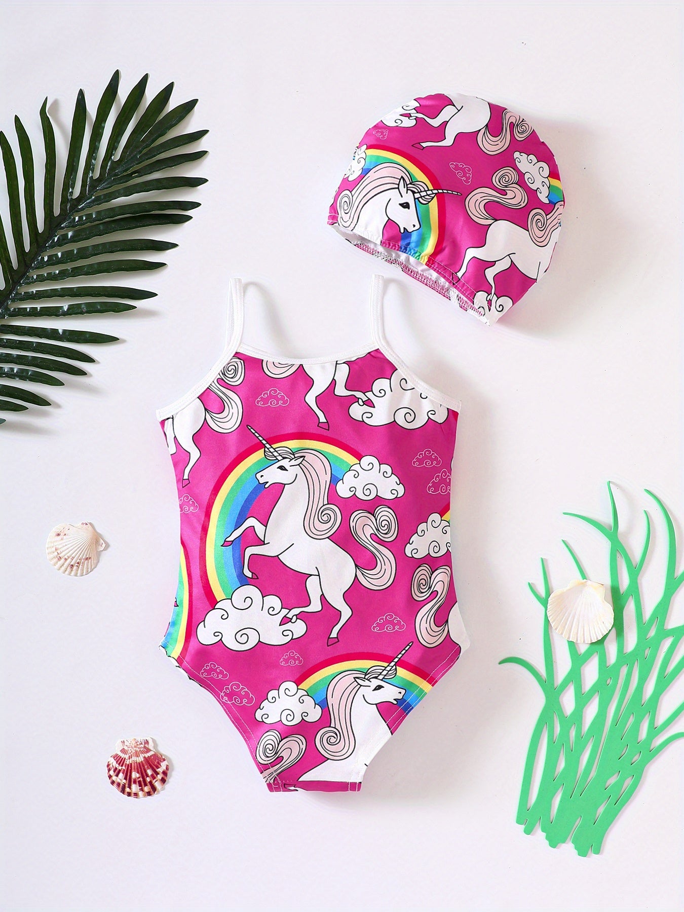 2 Pcs Girl's Onesie Swimsuit & Swimming Cap,
