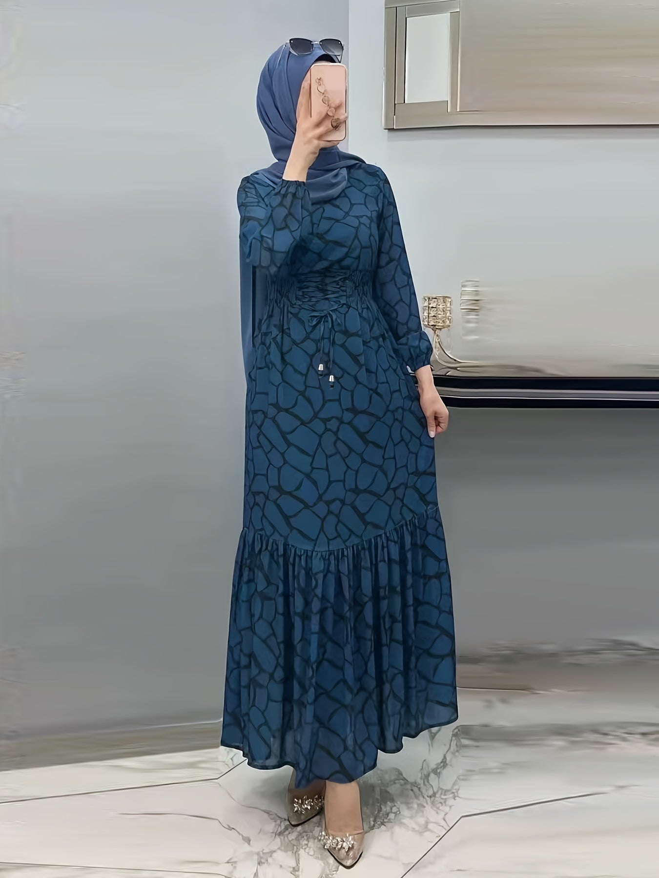 Allover Print Maxi Kaftan Dress, Casual Long Sleeve '/MH