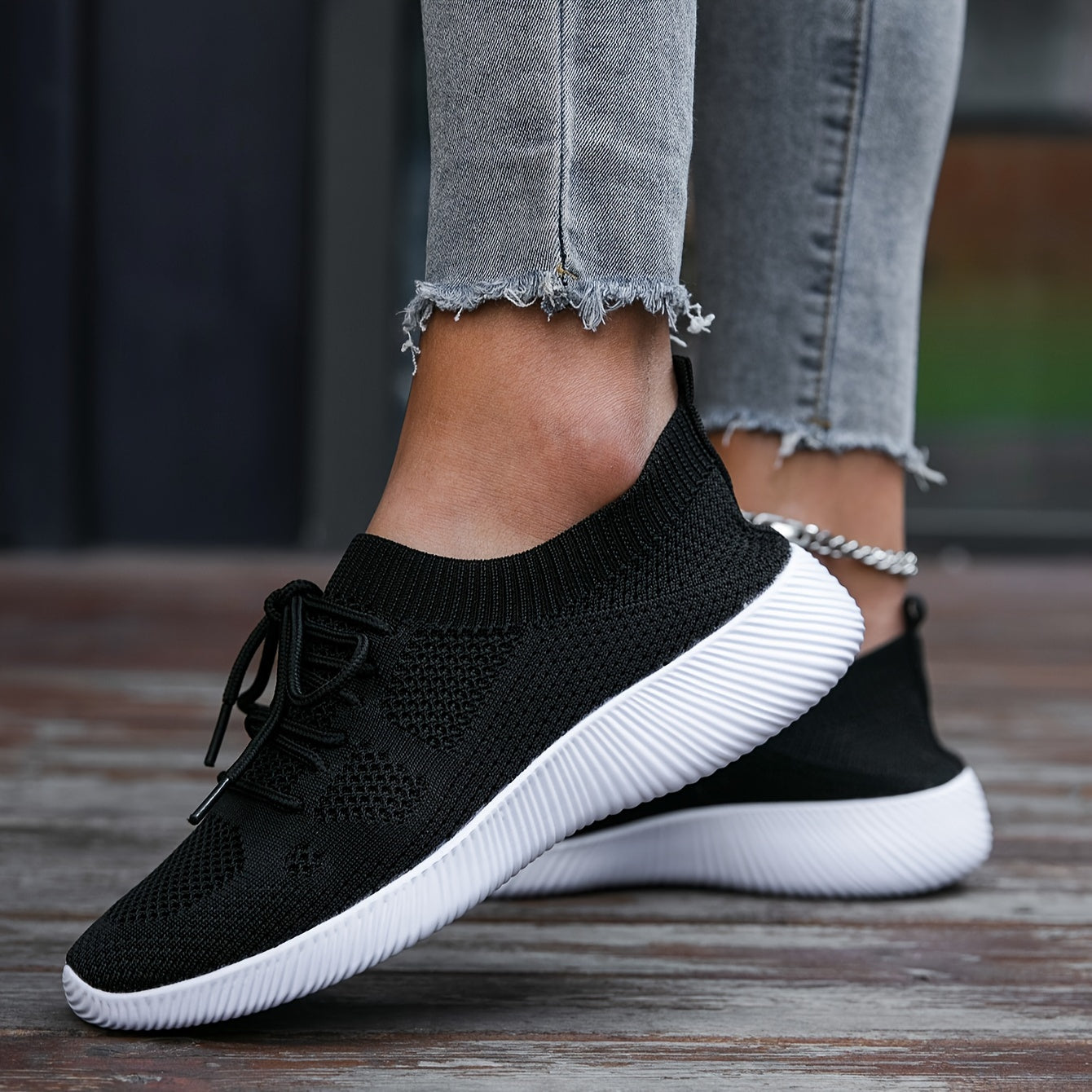 Women's Knit Athletic Shoes, Breathable Lace Up Low Top Running Trainers, Casual Gym Fitness Sneakers
