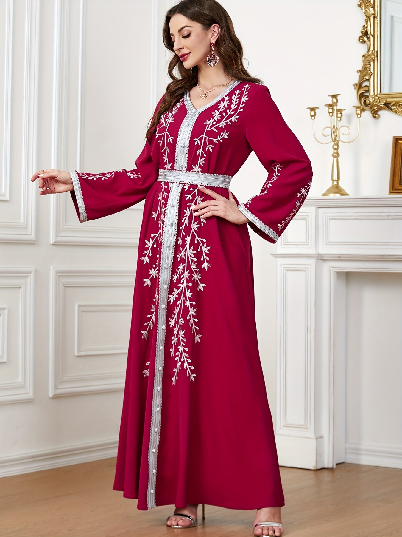 Floral Pattern Kaftan Dress, Elegant V Neck '/MH