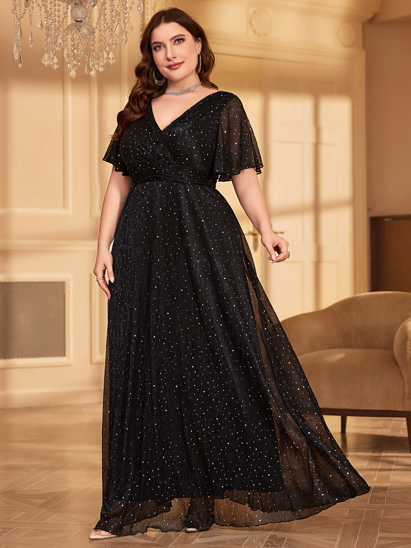 Elegant Long Party Evening Dress with a V-Neck, Ruffled Sleeves, /MH