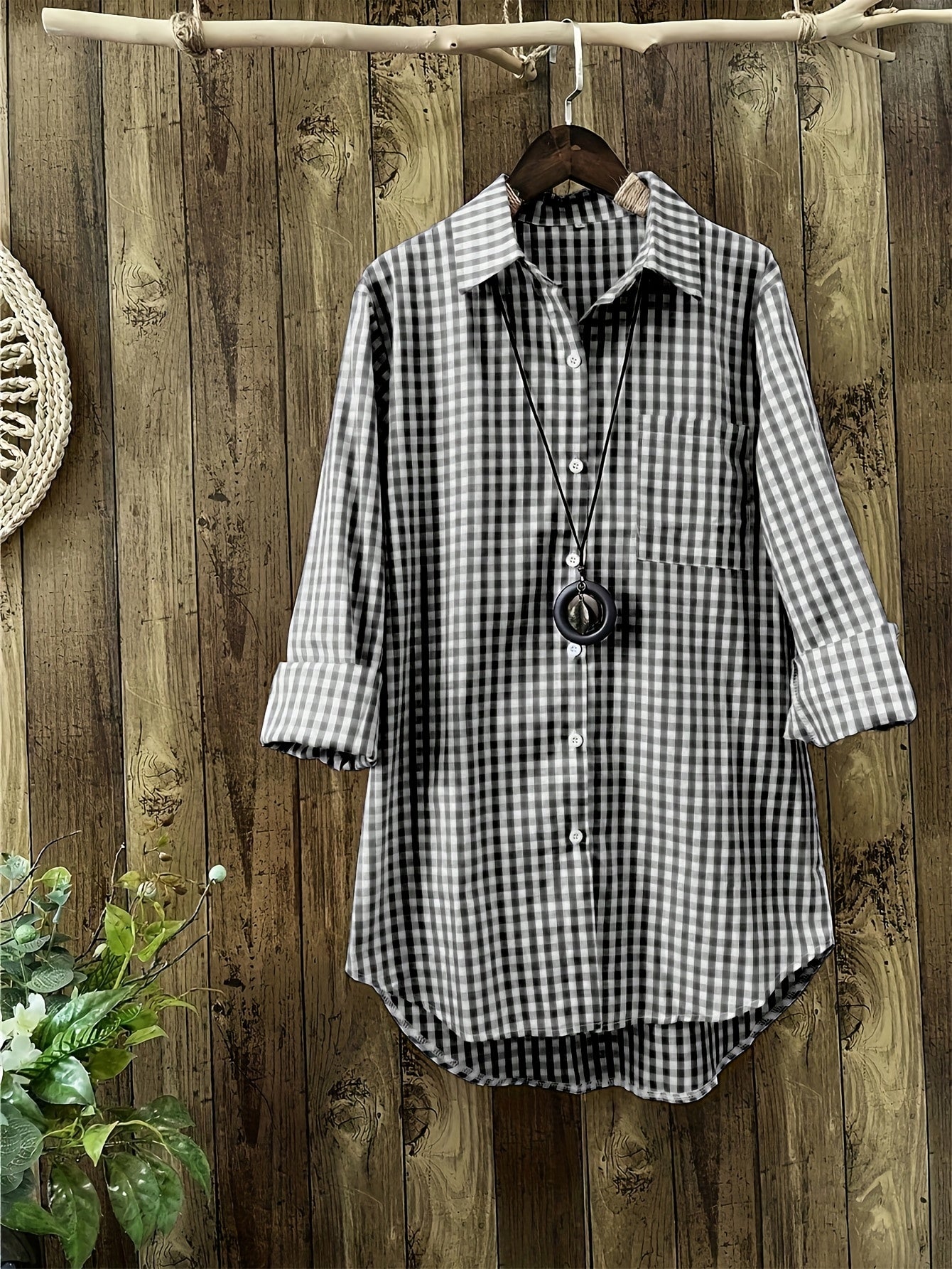 Women'S Casual Long Sleeve Gingham Check Shirt - Light Blue & White,