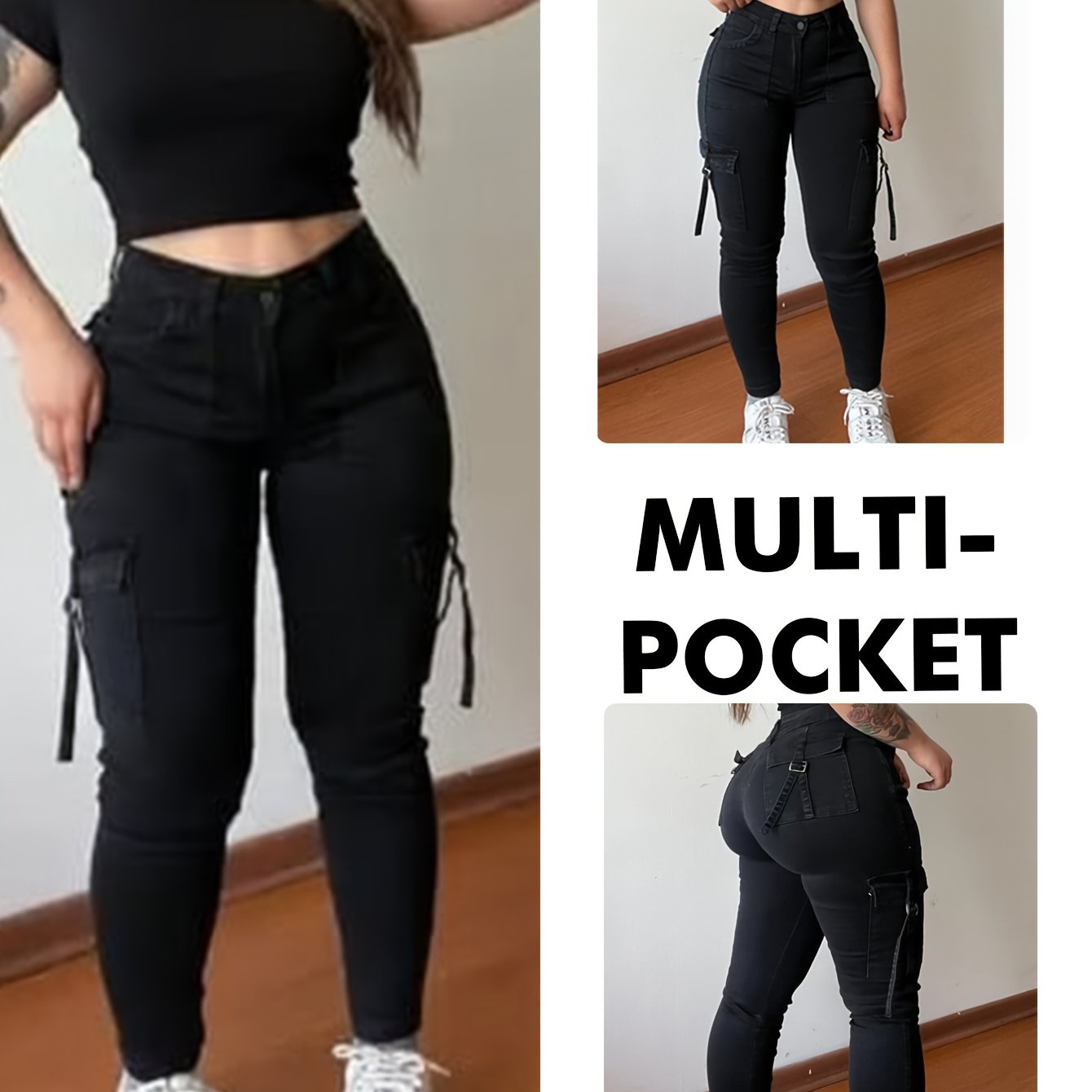 Women's High-Waist Stretchy Black Cargo Pants with Multiple Pockets -/MH