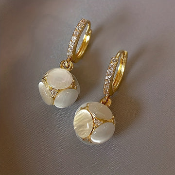 Exquisite Ball Design Moonstone Inlaid Dangle Earrings Elegant Luxury Style Copper Jewelry Delicate Female Gift