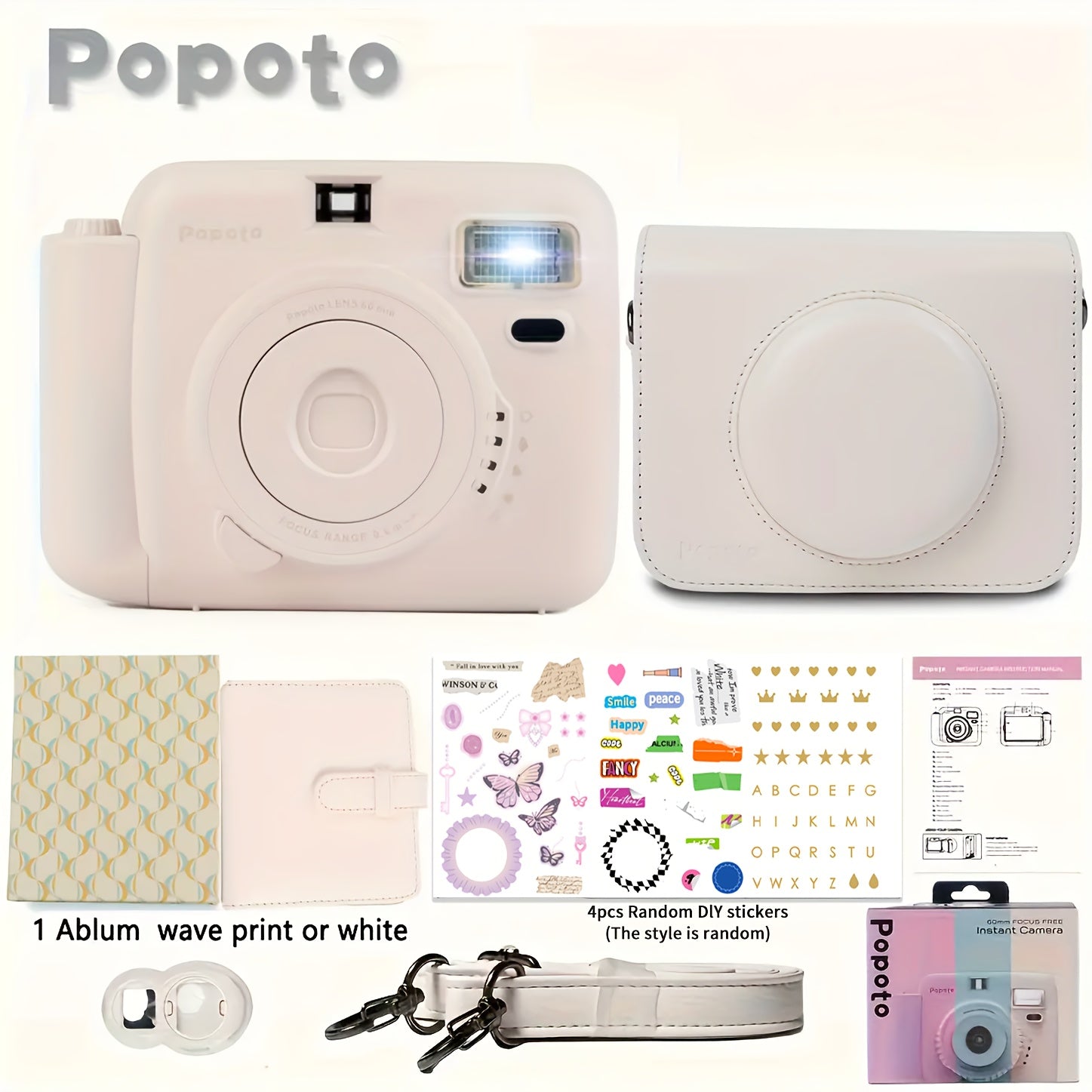 Popoto Instant Camera Gift Set with PU Case - Flash-Enabled, Battery-Free Photography Kit for Outdoor Parties (Camera & Accessories Included, No Batteries or Film)