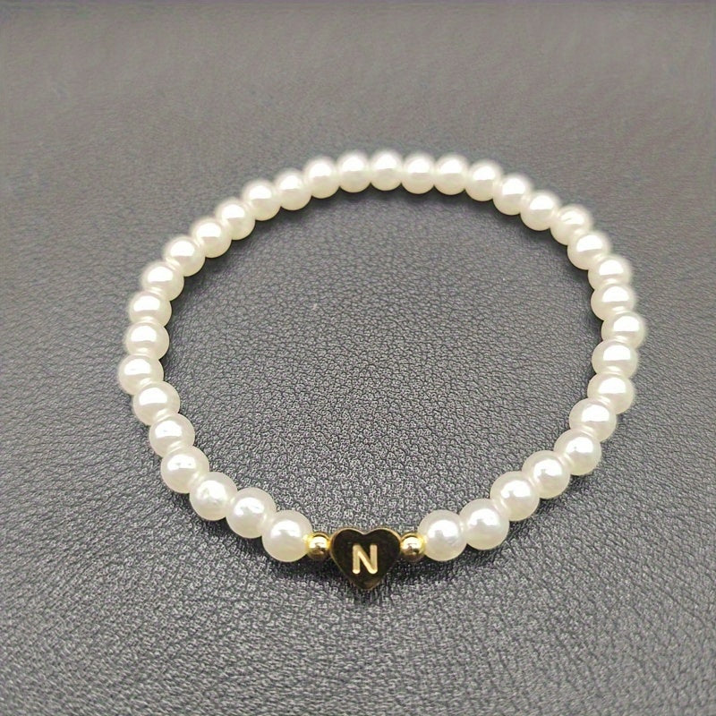 1pc Classic Initial A-Z Lettering Heart Faux Pearl Beaded Bracelet, Elegant Party Jewelry Birthday Gift For Teen Girls