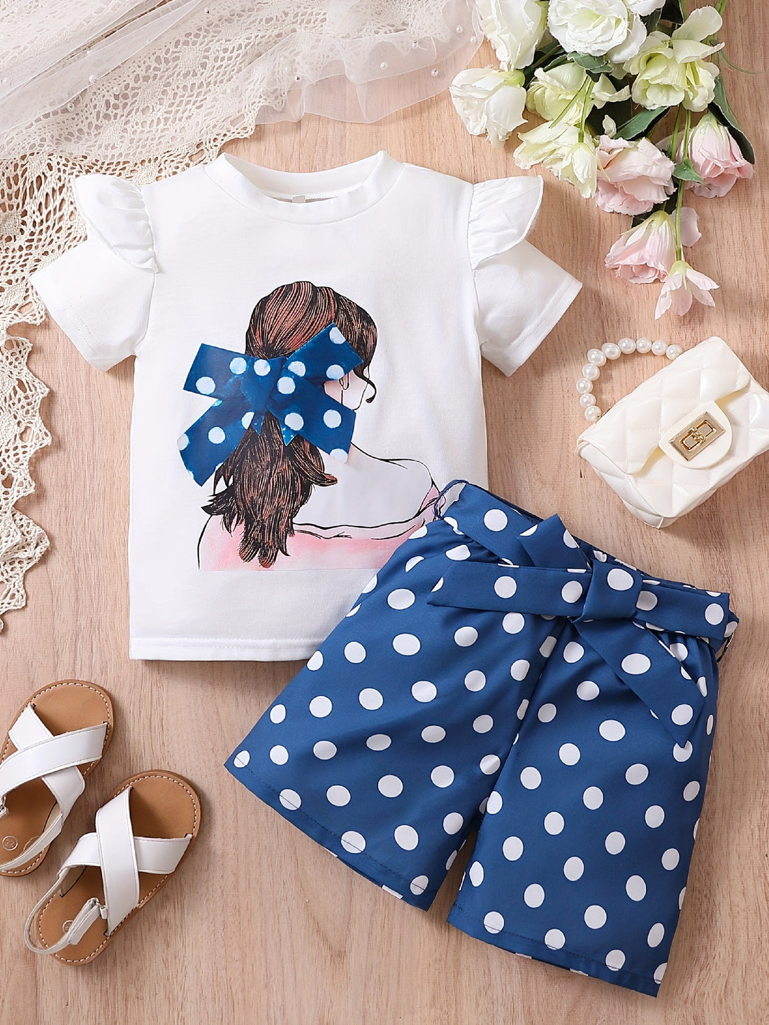 2pcs Toddler Girls Bow Figure Graphic Ruffle Trim T-Shirt