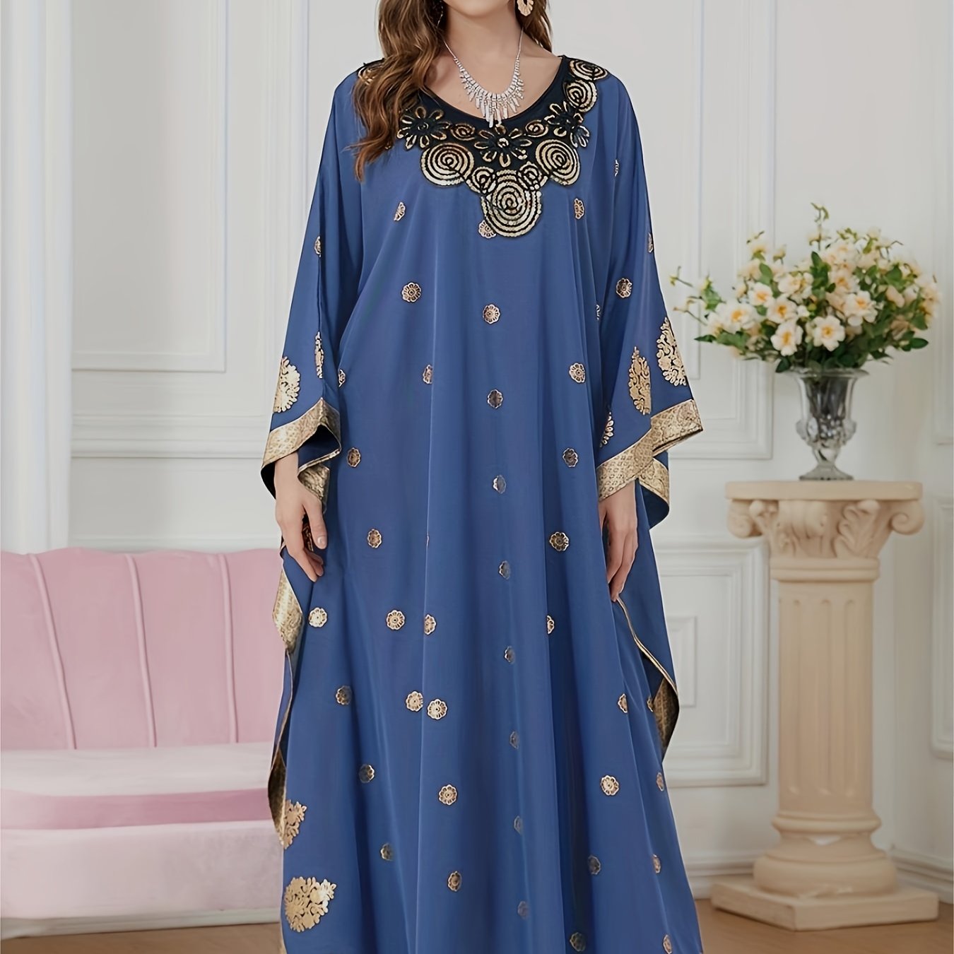 Graphic Print Batwing Sleeve Kaftan Dress, /MH