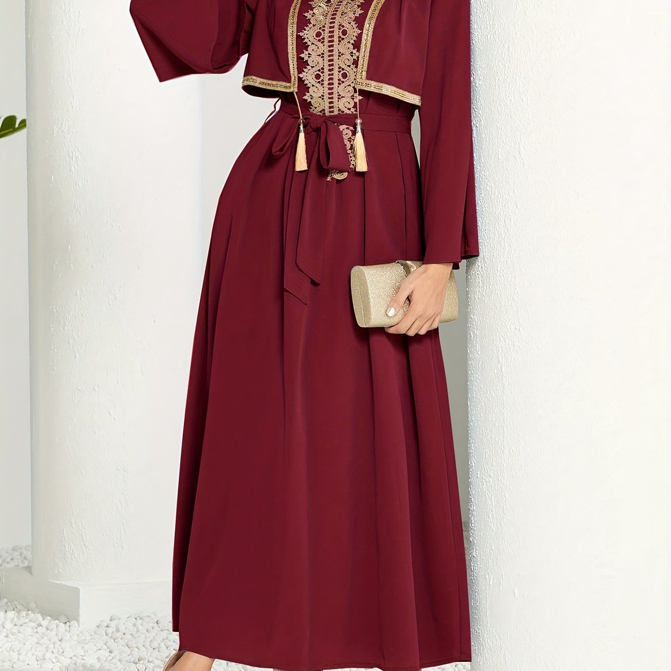 2 In 1 Lace Trim V-neck Kaftan Dress, /MH