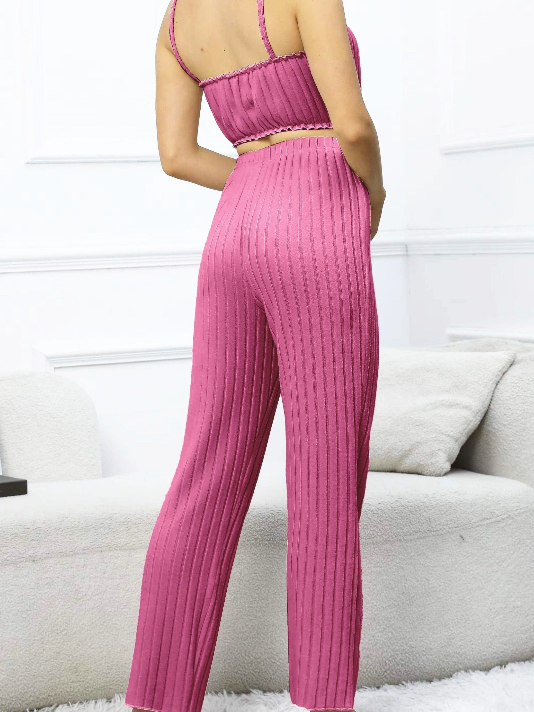 Solid Ribbed Lounge Set, Ruffle Cami Top & Elastic Waistband Pants,