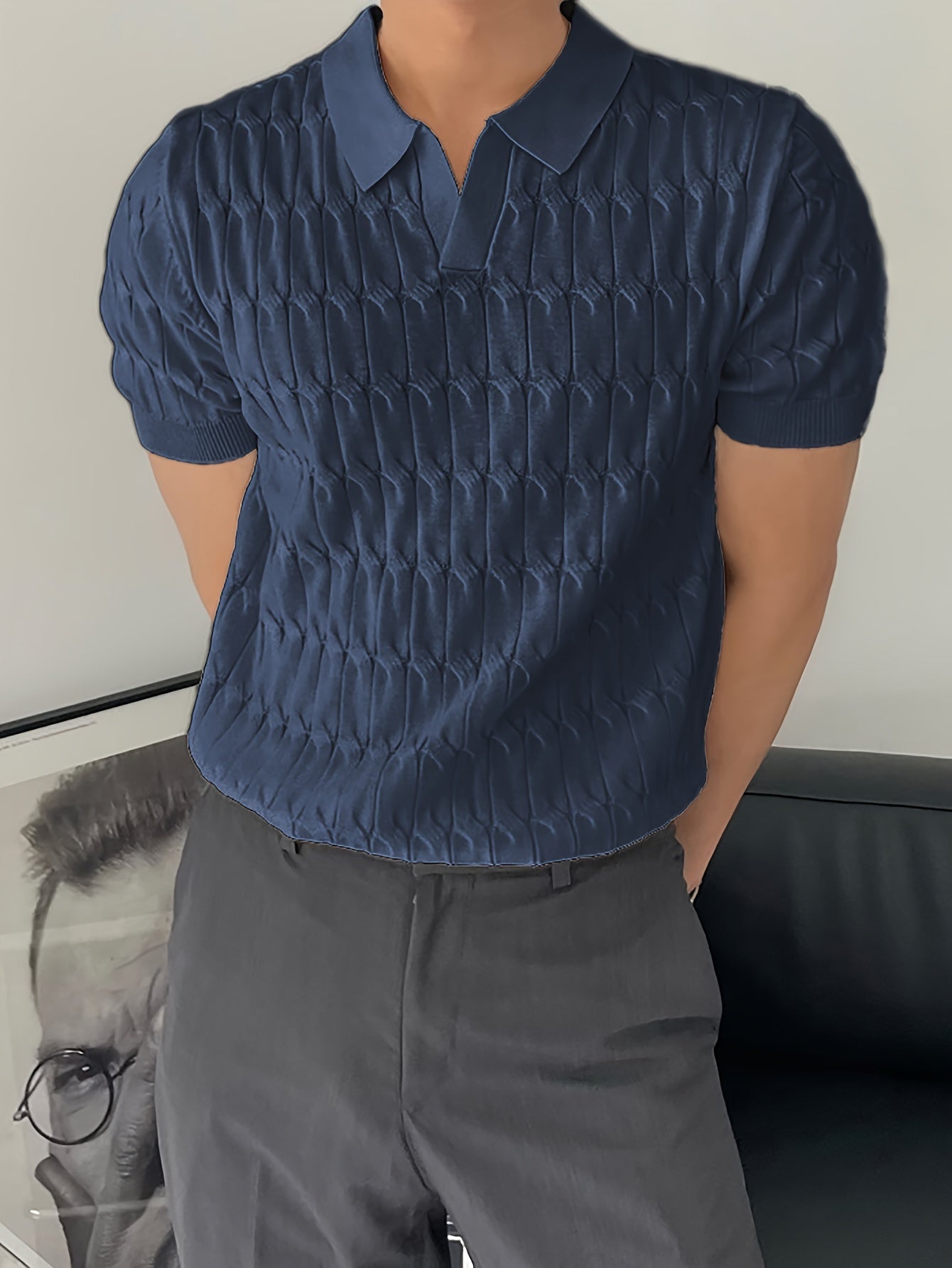 Chic Knit Shirt, Men's Casual Lapel Mid Stretch V-Neck Pullover Sweater