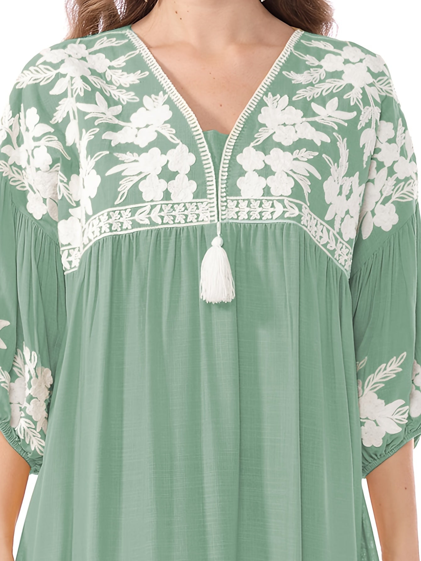 Themed Green Dress with White Floral Embroidery - ./MH