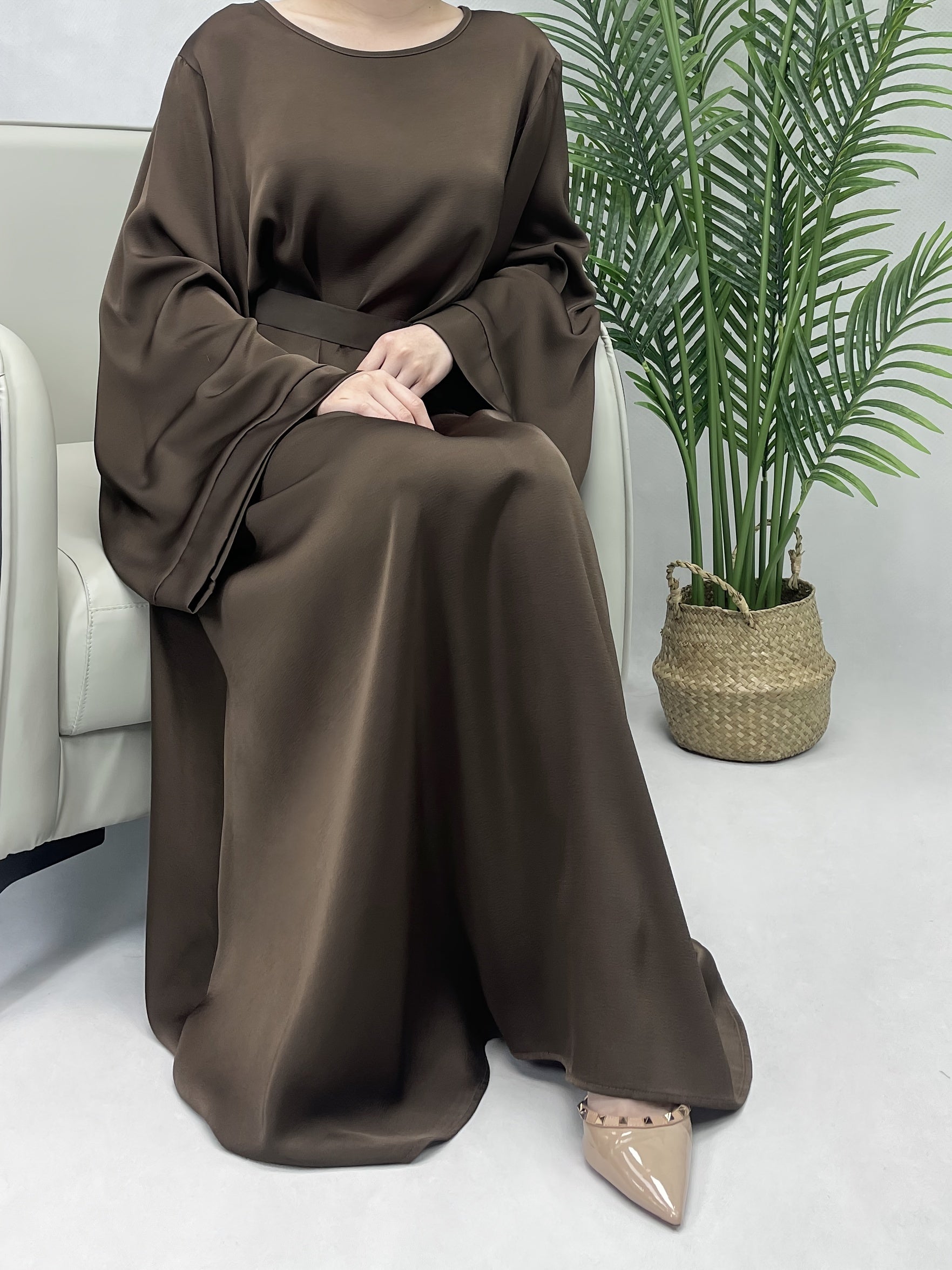Solid Maxi Kaftan Abaya, Modest Crew Neck Long Sleeve ./MH