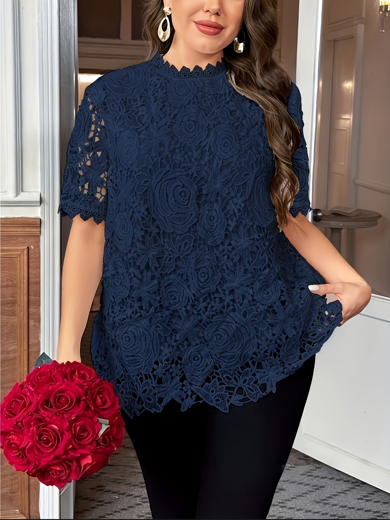 [Elegant Blouse] Elegant Green Lace Plus Size Blouse for Women |