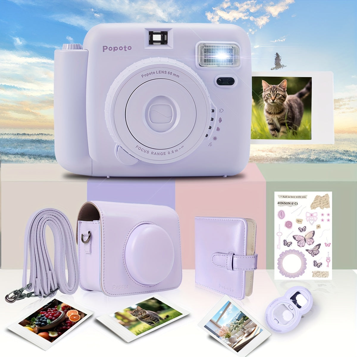 Popoto Instant Camera Gift Set with PU Case - Flash-Enabled, Battery-Free Photography Kit for Outdoor Parties (Camera & Accessories Included, No Batteries or Film)