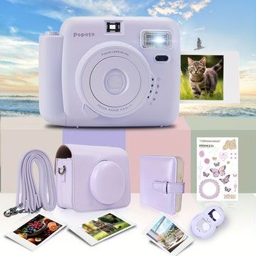 Popoto Instant Camera Gift Set with PU Case - Flash-Enabled, Battery-Free Photography Kit for Outdoor Parties (Camera & Accessories Included, No Batteries or Film)