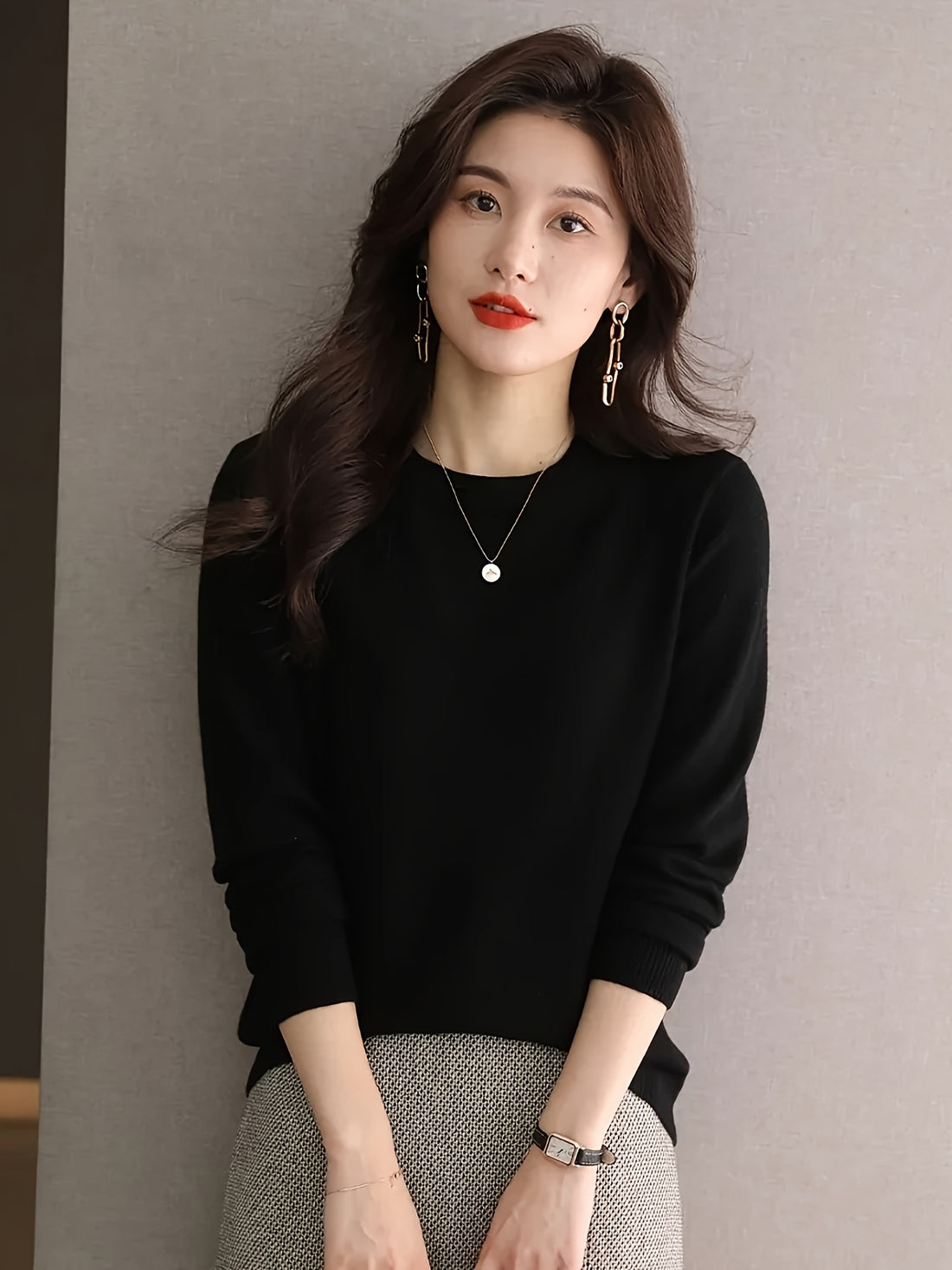 1pc Women'S 100% Wool Crew Neck Long Sleeve Knit Sweater,